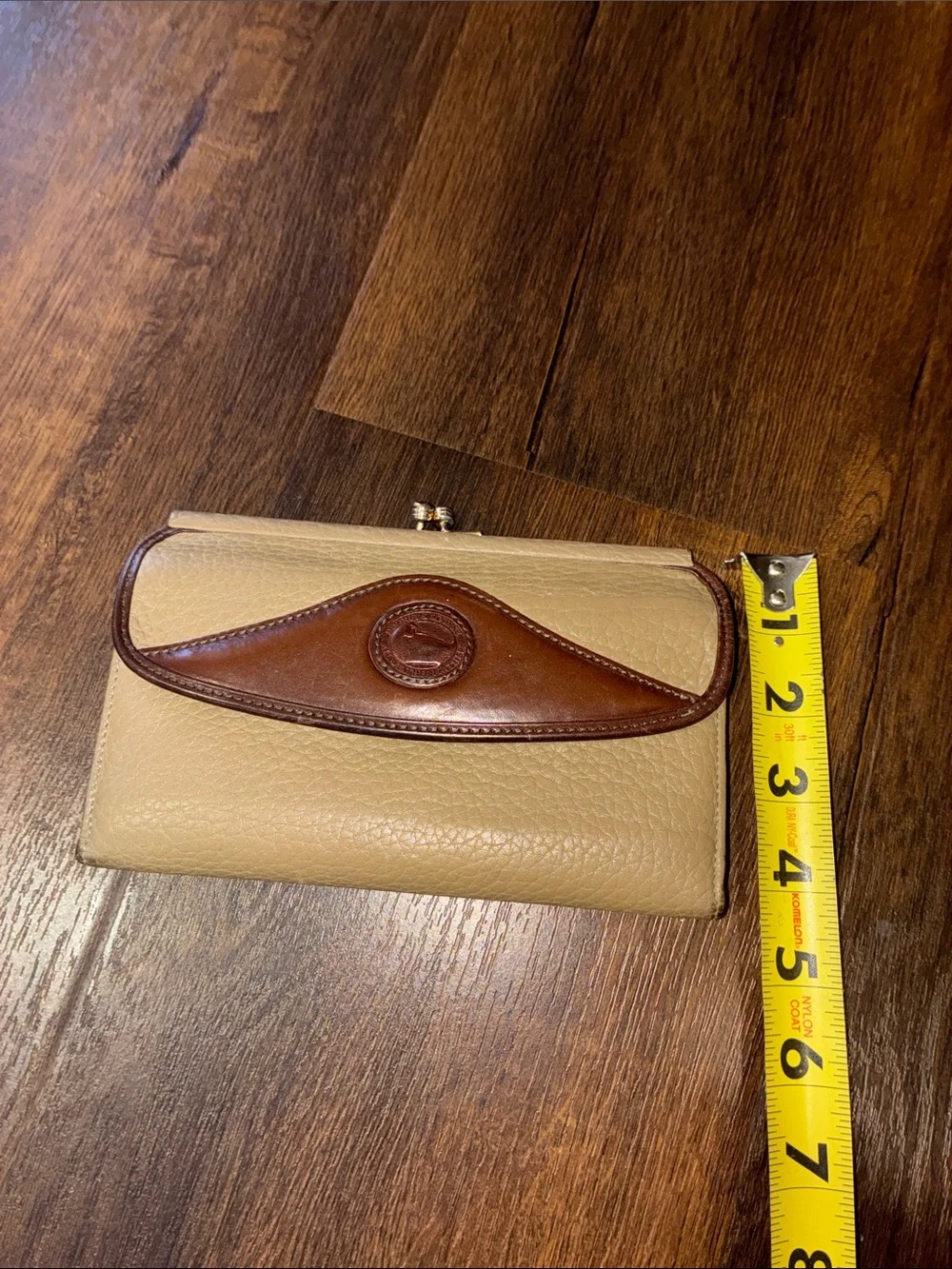 Vintage Dooney & Bourke Leather Kiss-Lock Wallet Taupe with Brown Trim